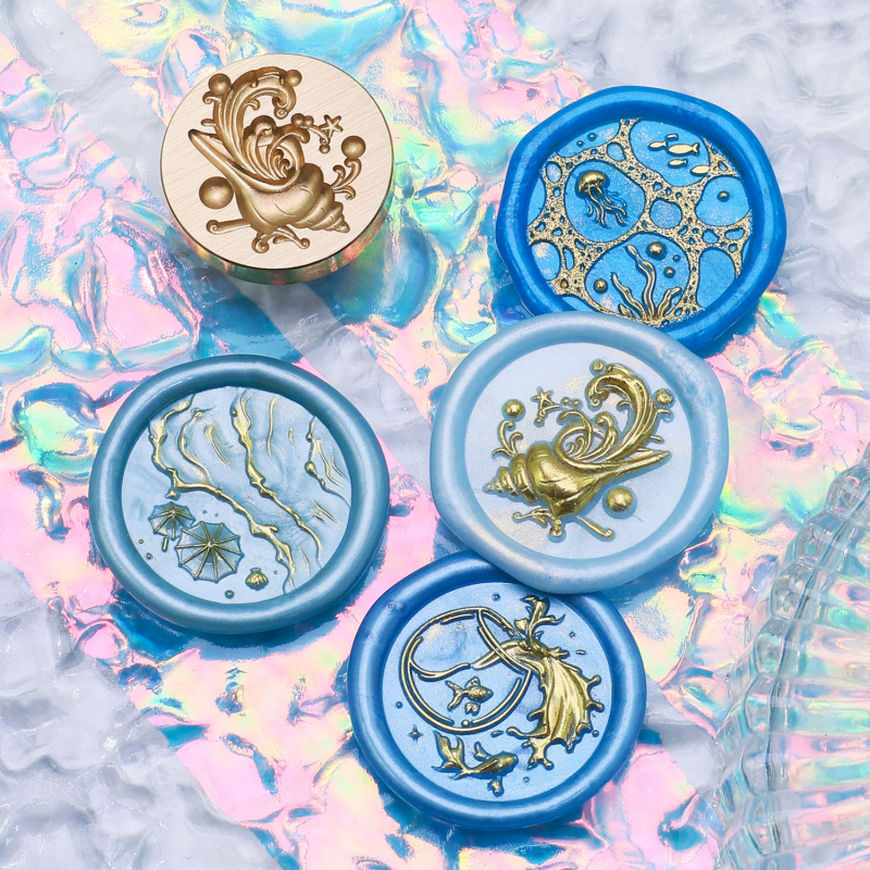 Wax Seal Stamp Set - Wasserblumen-Relief-Serie, Wachssiegel, Stempel, Welle, Wal, Muschel,